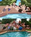 anime, reenactment, win, in ground swimming pool, jump, pose