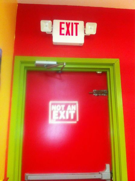 exit, not an exit, door, sign, fail, contradiction