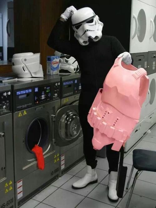 storm trooper, washing machine, pink armor, red sock, color bleed