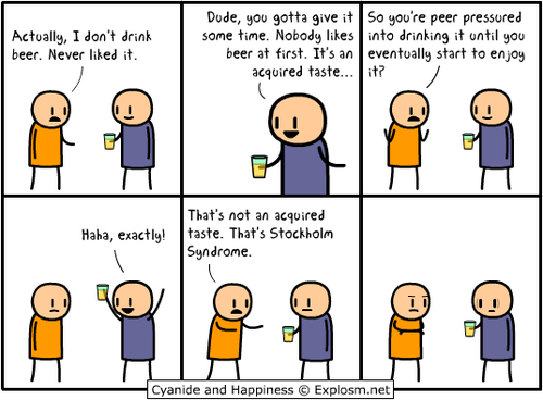 stockholme syndrome, beer, comic, cyanide and happiness
