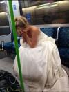 wedding dress, public transportation, sad