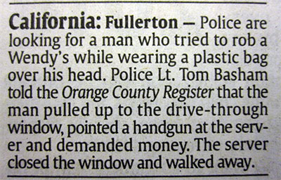 newspaper, robbery fail, wendys, lol