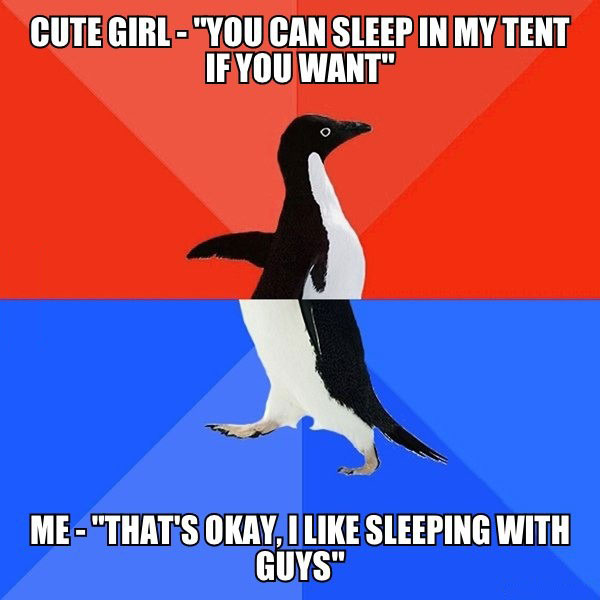 socially awkward penguin, sleep in my tent, sleeping with guys