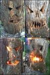 tree stump carving, face, scary, fire, art