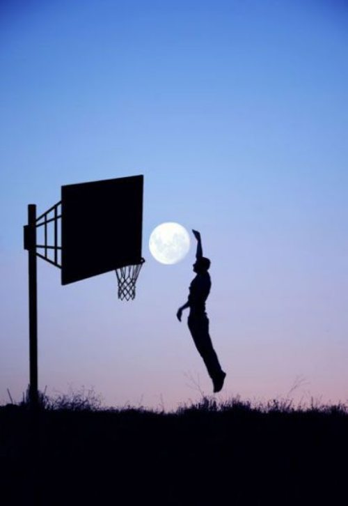 perspective, silhouette, moon, basketball dunk