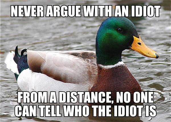 never argue with an idiot, no one can tell who the idiot is, actual advice mallard, meme