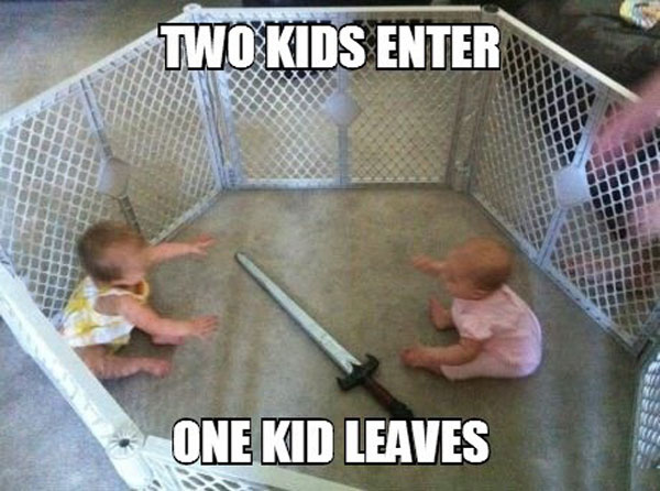 baby, sword, meme, two kids enter, one kid leaves