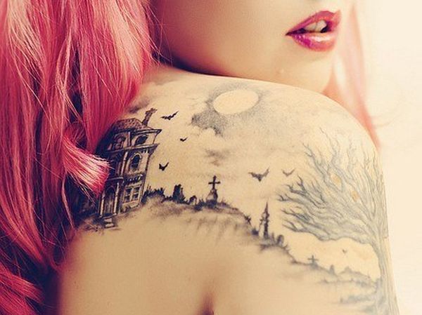 tattoo, win, graveyard, tree, mansion house