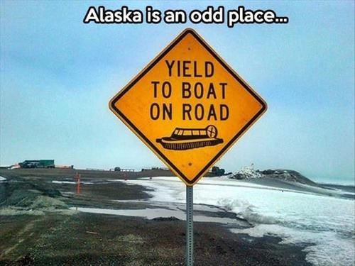 yield to boat on road, wtf, sign, alaska