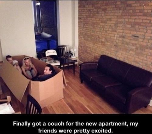 new couch, friends excited