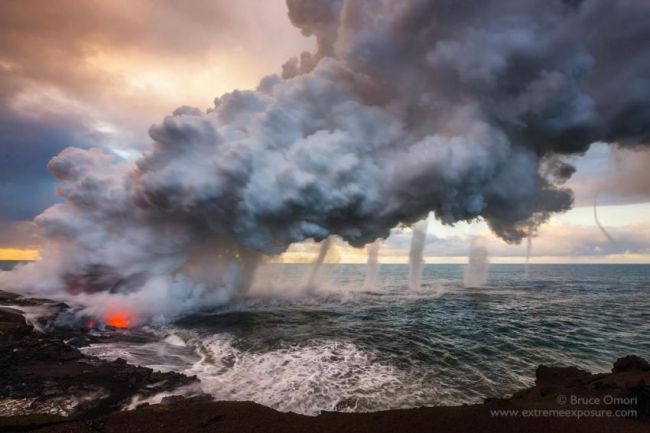 volcano, water, steam, nature
