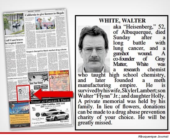 newspaper, real obituary, walter white, breaking bad