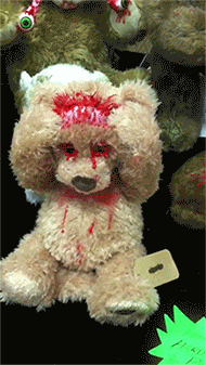 gif, creepy halloween decoration, stuffed bear, tear off face