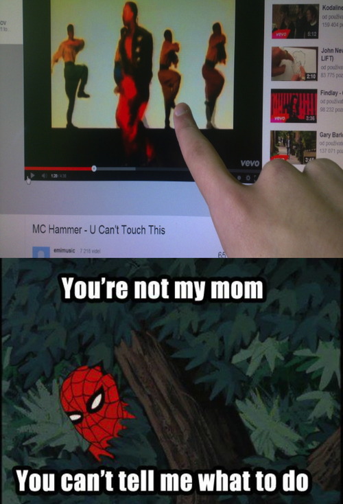 mc hammer, spiderman, can't touch this