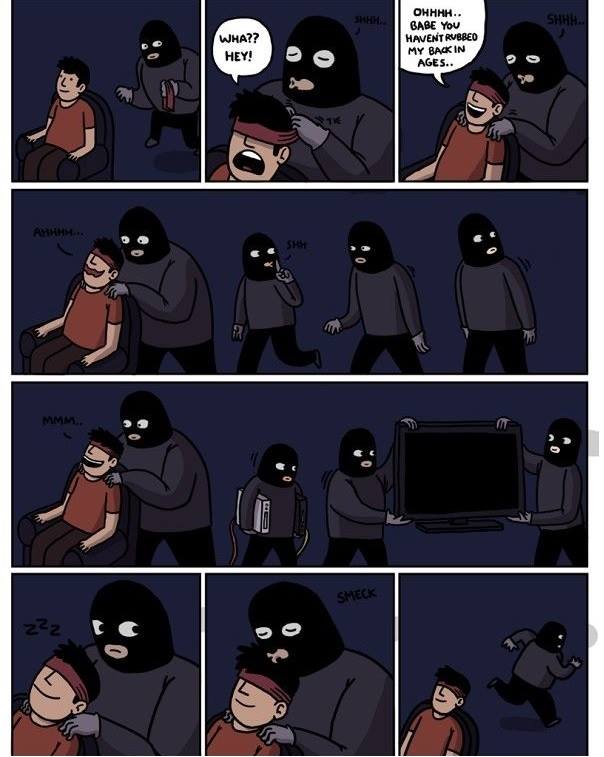 thieves, stealing tv, comic, lol, back rub