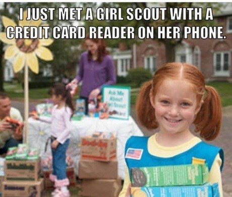 girl scout, credit card reader, phone