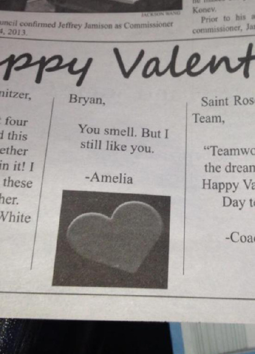 newspaper, valentine's day, you smell, but i still like you