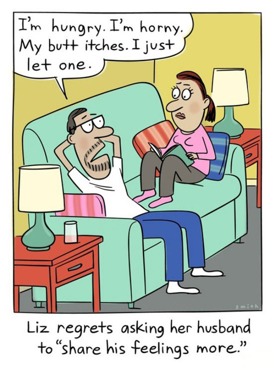 liz regrests asking her husband to share his feelings more, comic, lol
