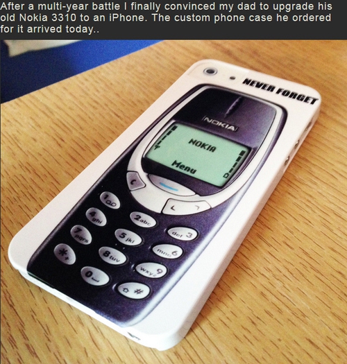 after a multi year battle I finally convinced my dad to upgrade his old nokia 3310 to an iPhone, the custom phone case he ordered for it arrived today