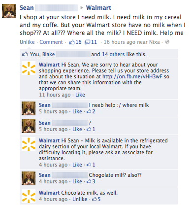 i need milk, walmart, facebook