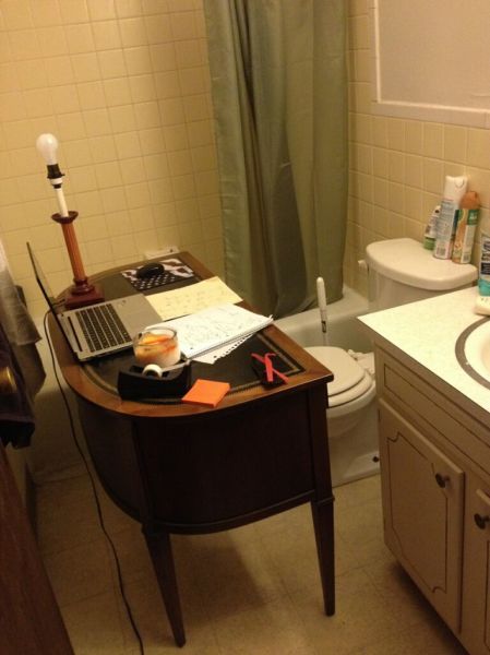 desk, bathroom, toilet seat