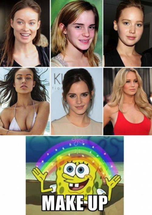 make up, spongebob squarepants, meme, emma watson, jennifer lawrence, before, after