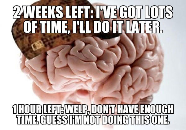 scumbag brain meme, 2 weeks left, procrastination, don't have enough time