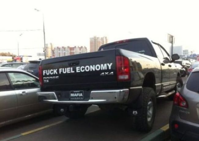 truck, appropriate bumper sticker, fuck fuel economy