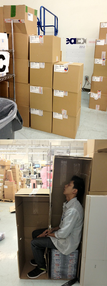 sleeping at work, level, asian, boxes
