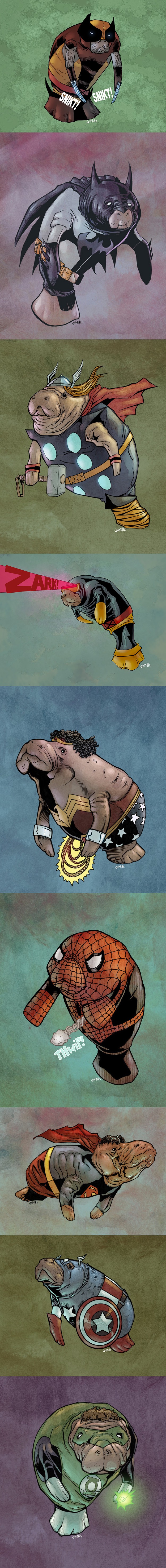 marvel comic superheros as manatees