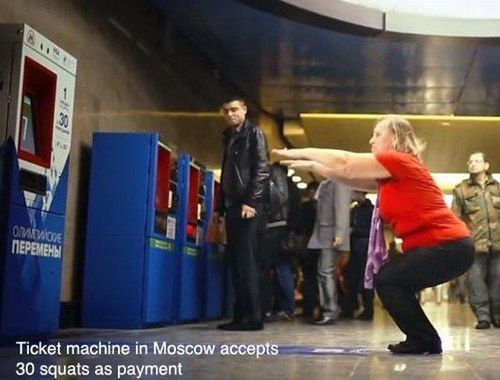ticket machine in moscow accepts 30 squats as payment, russia, exercise, public transportation