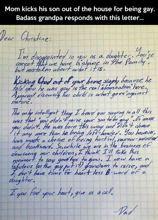 bad ass grandpa writes letter to homophobic mother who kicked her son out of the house for being gay