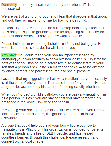 amy's advice column, questions and answer, my son is gay, lgbt