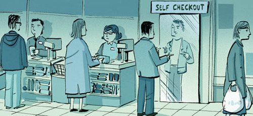 self checkout, mirror, cash register
