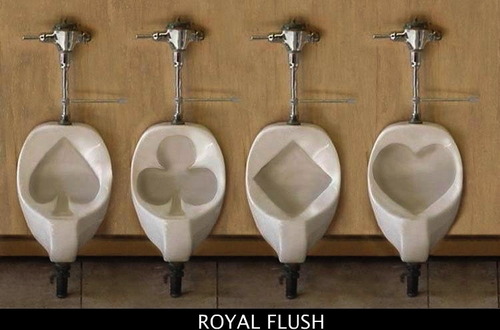 royal flush, urinal, spades, clubs, diamonds, hearts