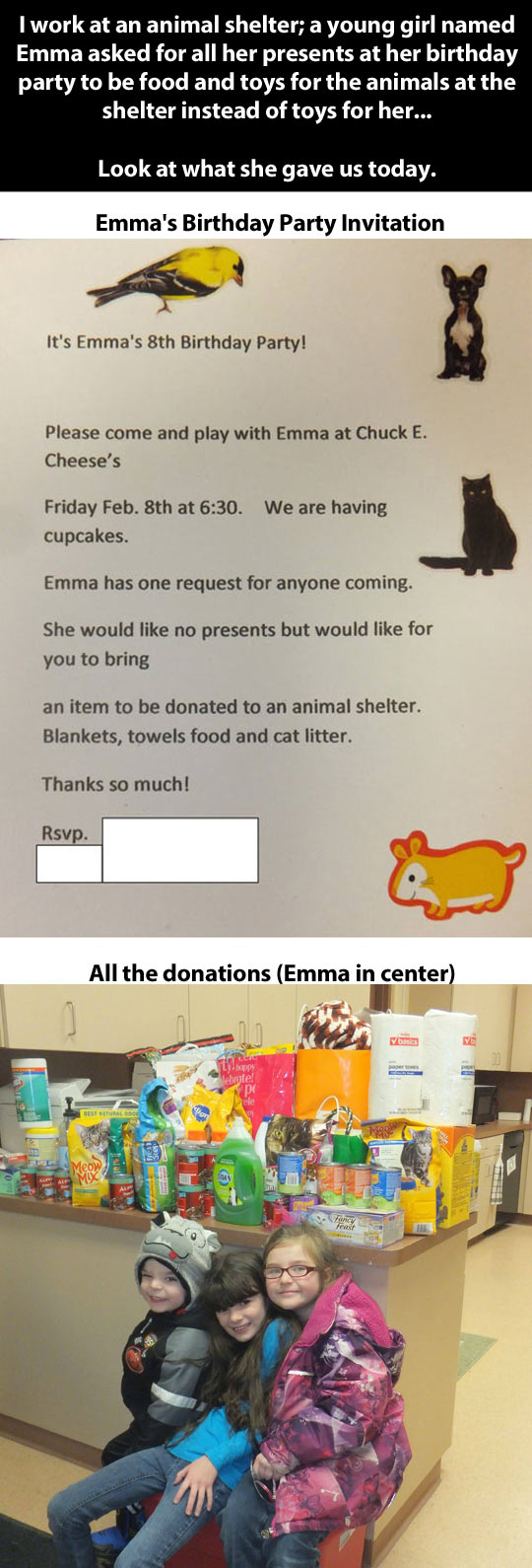 kid, faith in humanity, birthday presents, donations to an animal shelter