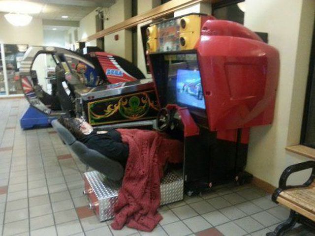 sleeping in an arcade