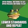 open fridge, nothing to eat, open freezer, nothing to eat, lower standards, repeat, meme