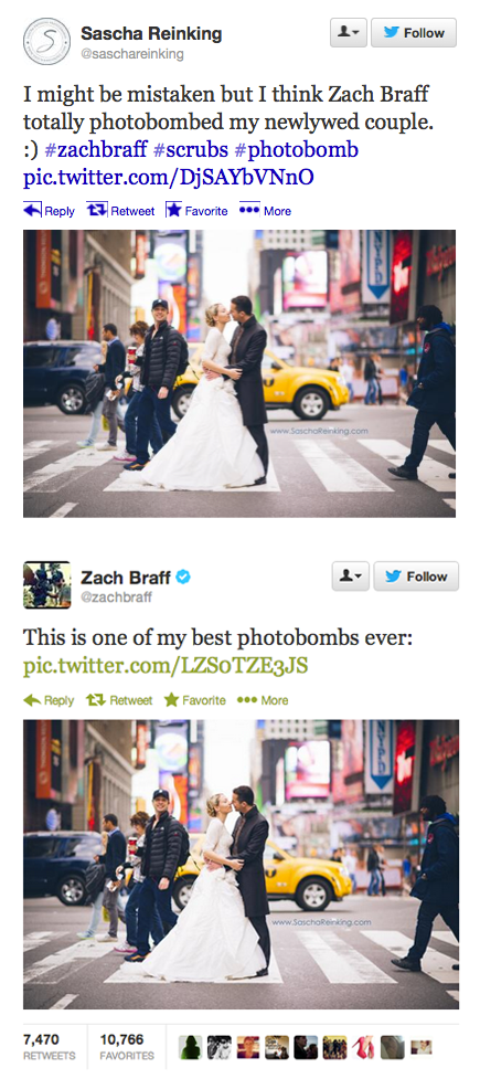 zach braff, photobomb, newly wed couple, twitter, lol