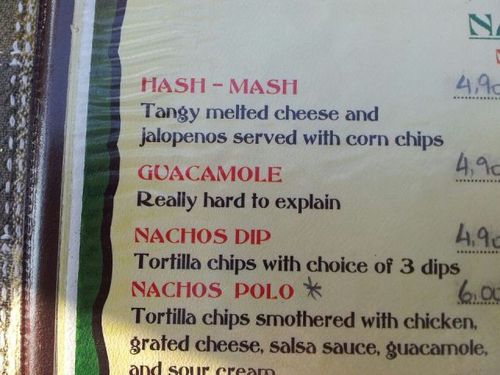 menu, guacamole, really hard to explain