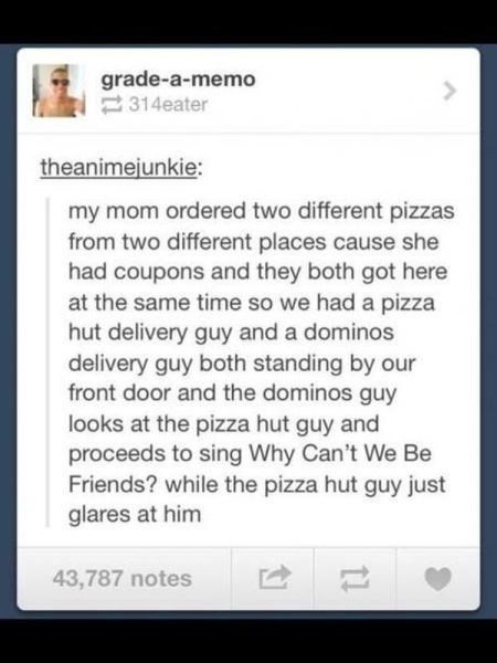 story, pizza delivery, pizza hut, dominos, sing, why can't we be friends