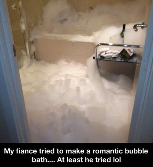 romantic bubble bath, fail, bathroom, bubbles