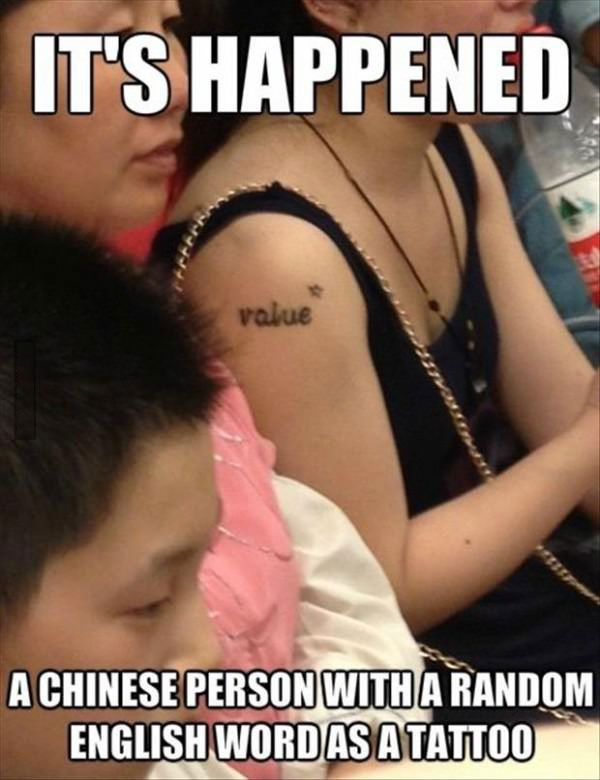 meme, chinese person with random english word as a tattoo