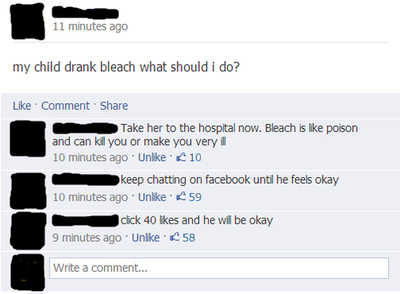 facebook, child drank bleach, wtf, fail