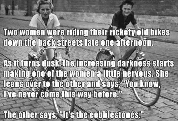 joke, bicycle, cobblestone