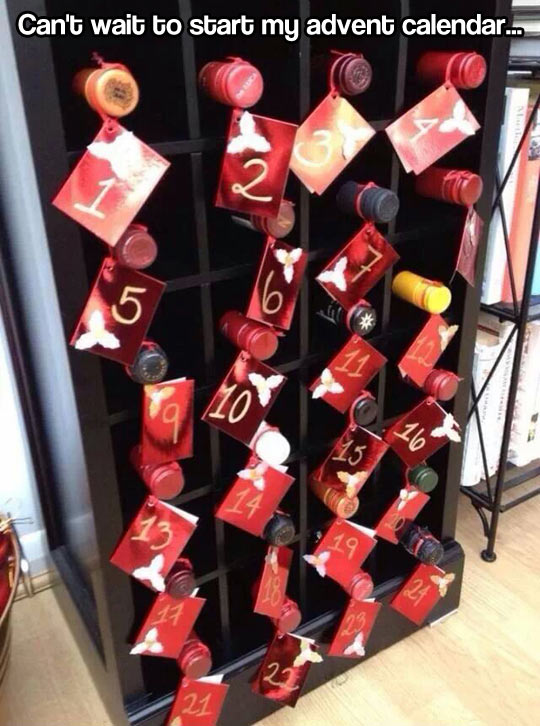 advent calendar for adults, bottles of wine, holiday season, lol