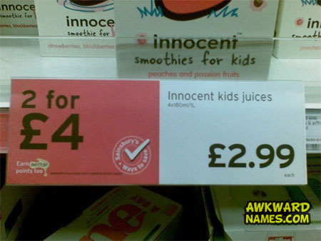 innocent kids juices, label, awkward names