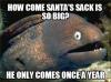 bad joke eel, meme, why is santa's sack so big, he only comes once a year