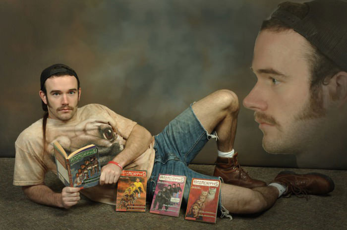 portrait, dog shirt, books, wtf
