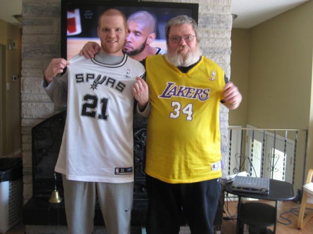 television photobomb, basketball jerseys, father and son